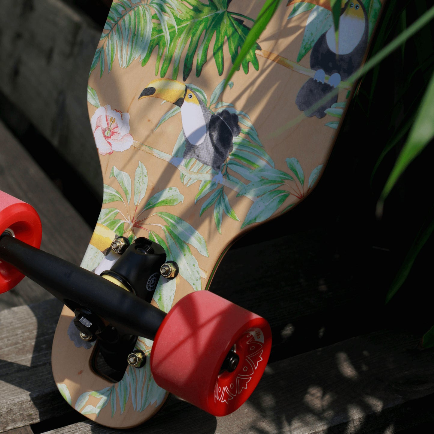 BTFL Kinder Longboard mit Tucan Design in der Nahaufnahme