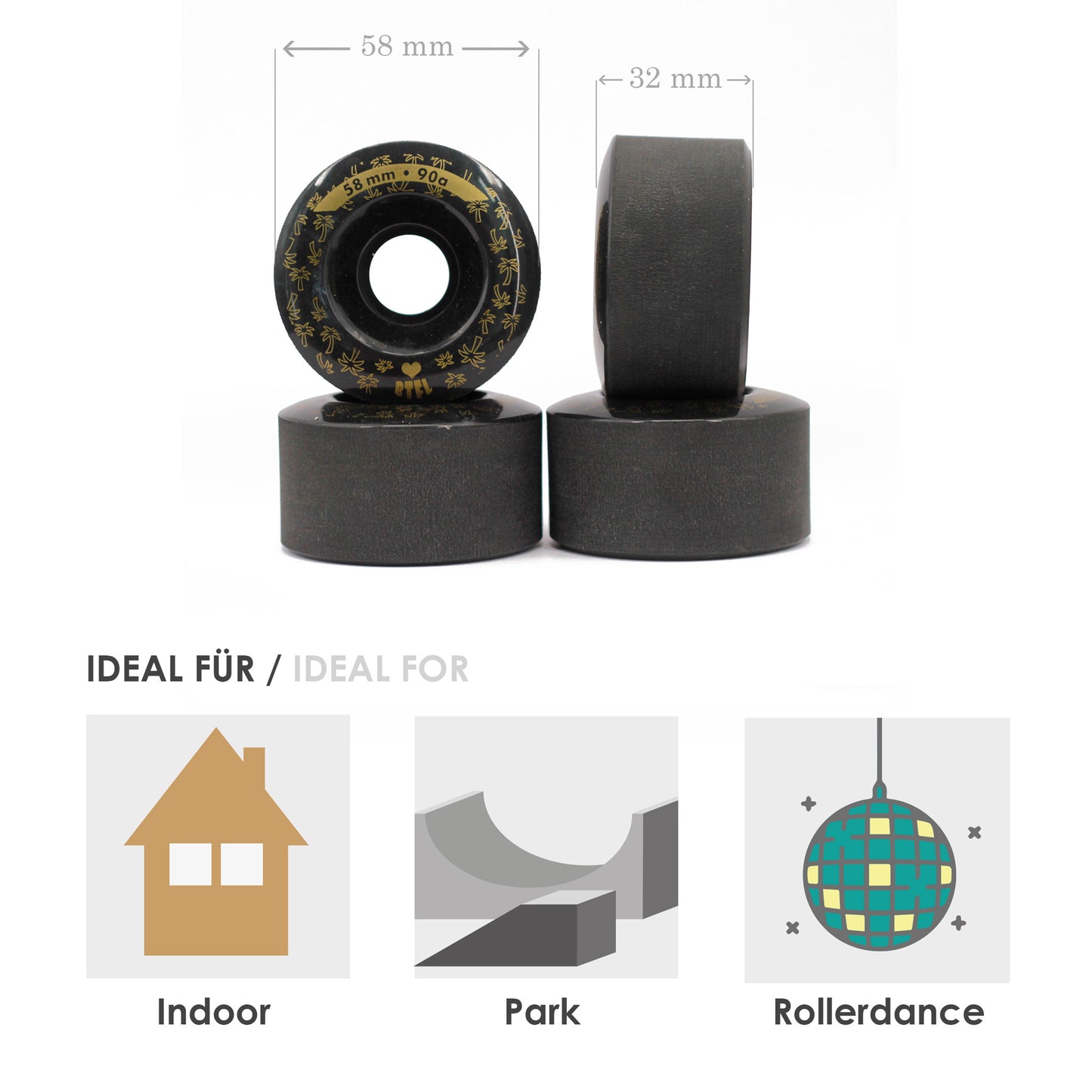 BTFL roller skates WHEELS set (4 pieces) - 58 x 32 mm - 90A - black