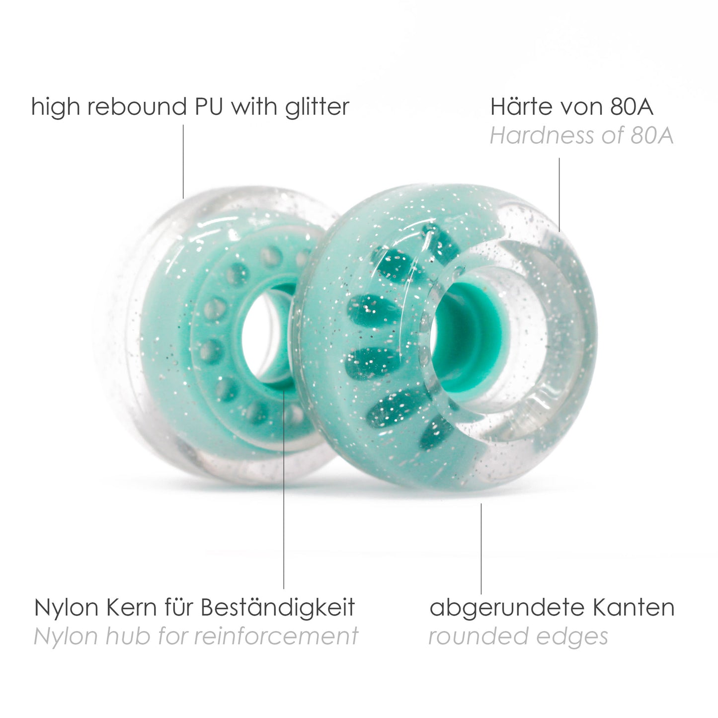 BTFL roller skate WHEELS set (4 pieces) 62 x 38 mm - 80A - mint transparent