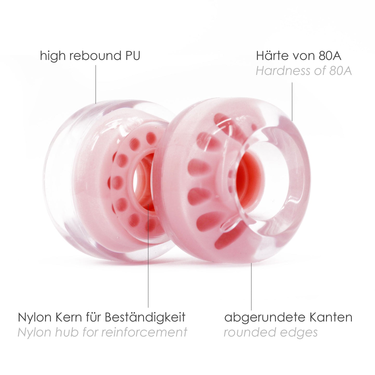BTFL roller skate WHEELS set (4 pieces) - 62 x 38 mm - 80A - pink transparent