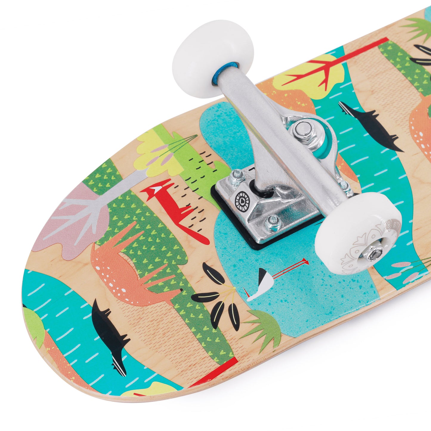 Nahaufnahme vom Kinderskateboard Mini mit Tiermotiven und vorderer Achse
