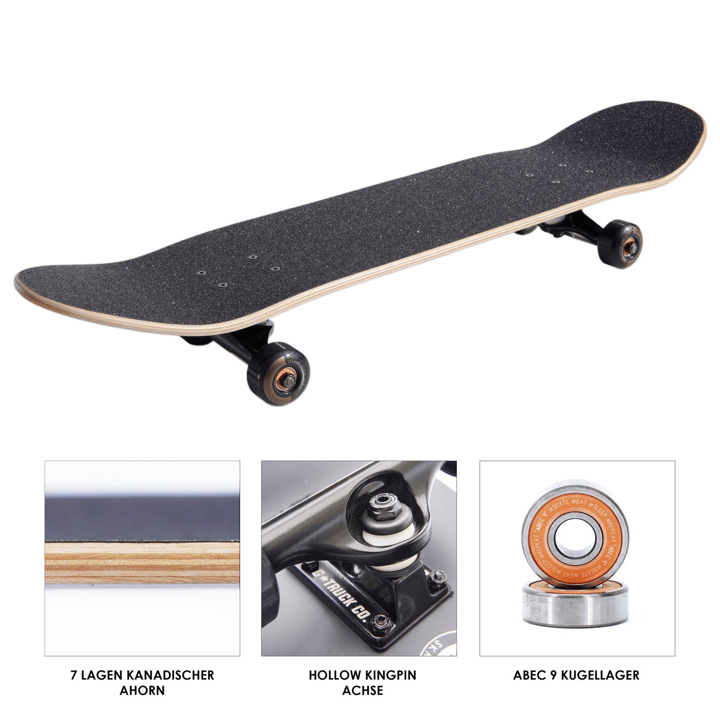 All Black skateboard Nahaufnahmen der Kugellager, Bushings und des Ahorn Holzes