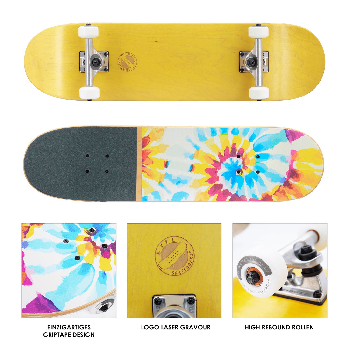 BTFL Skateboard Fusion Detailaufnahmen von der Achse, dem Griptape und dem Logo