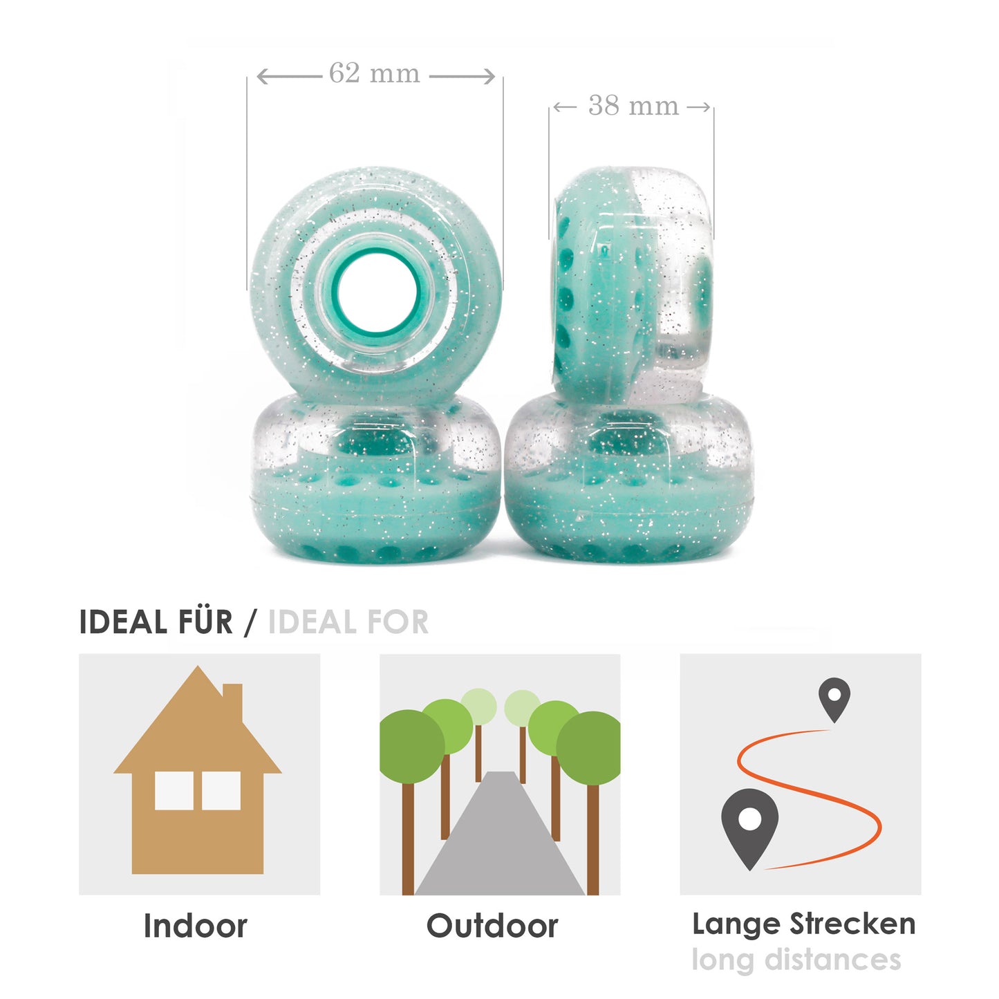 BTFL roller skate WHEELS set (4 pieces) 62 x 38 mm - 80A - mint transparent 