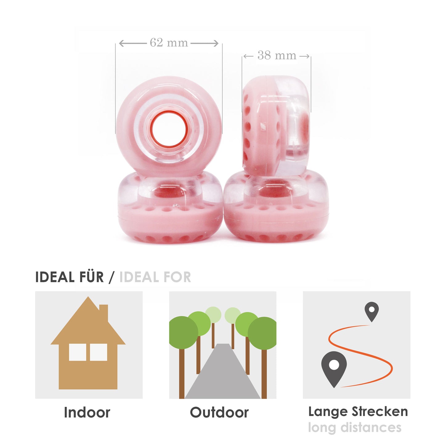 BTFL roller skate WHEELS set (4 pieces) - 62 x 38 mm - 80A - pink transparent 