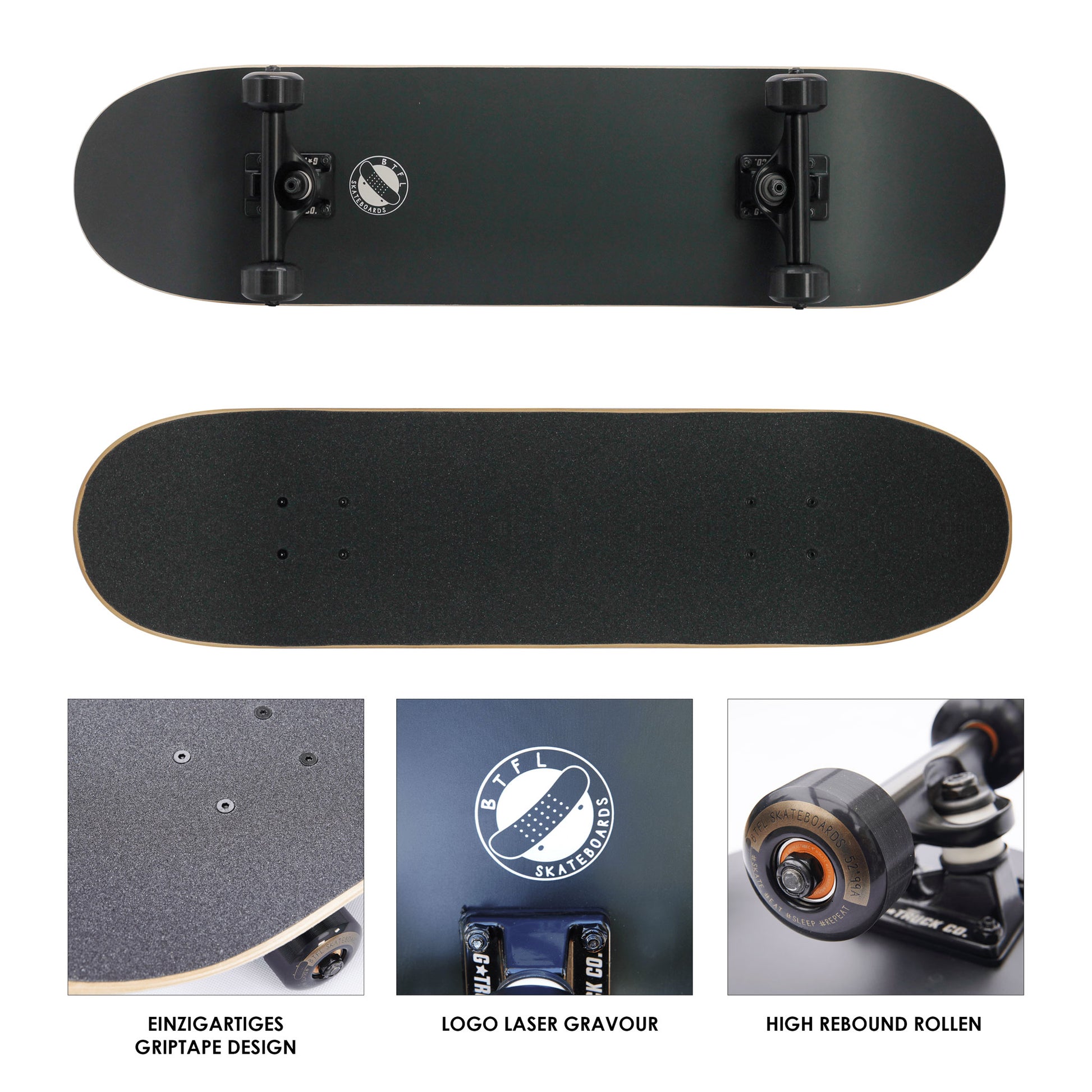All Black Skateboard Detailaufnahmen der einzelnen Komponenten wie Achse und Rollen
