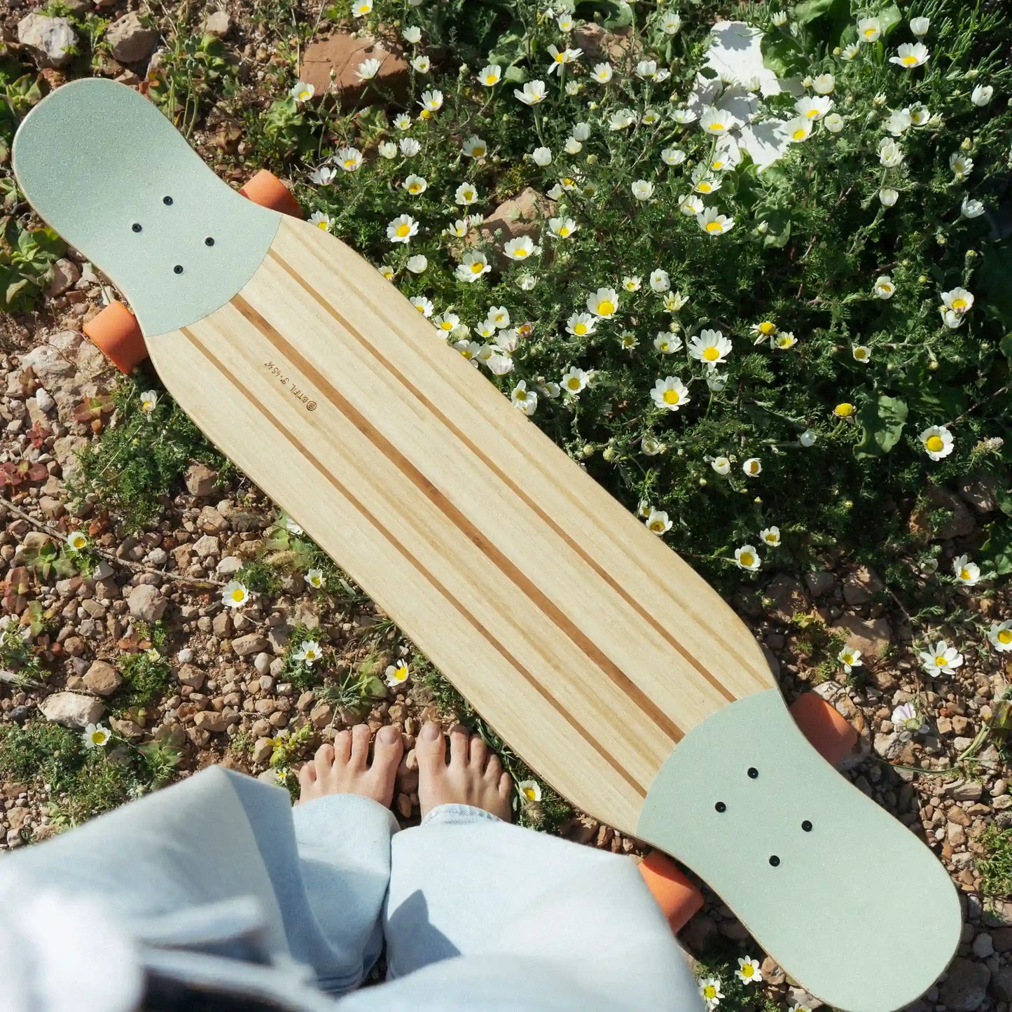 Das Longboard Dancing Deck liegt  im Gras, es wurde von oben fotografiert und man sieht die Füße der Fotografin neben dem Board