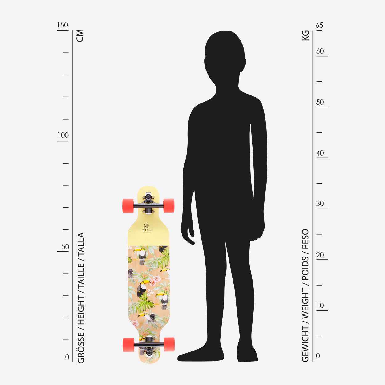 BTFL Kinder Longboard Toco im Verhältnis zu einem 1.50m großen Kind