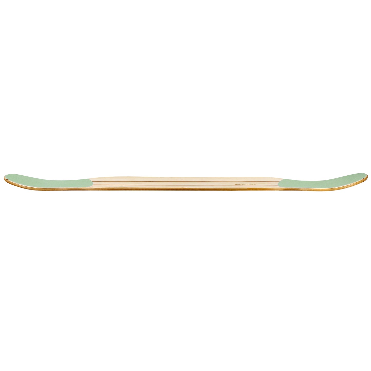 Das Deck vom Dancing Longboard ist seitlich vor weißem Hintergrund fotografiert, sodass man den Shape gut erkennen kann.